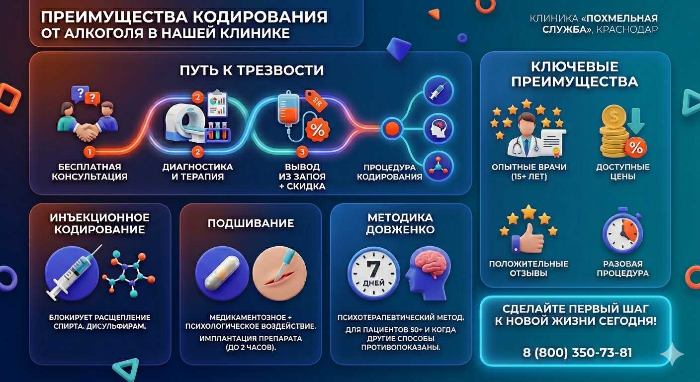 Инфографика о методах кодирования от алкоголя в Юргамыше: инъекции, подшивание, метод Довженко. Преимущества клиники и этапы лечения.