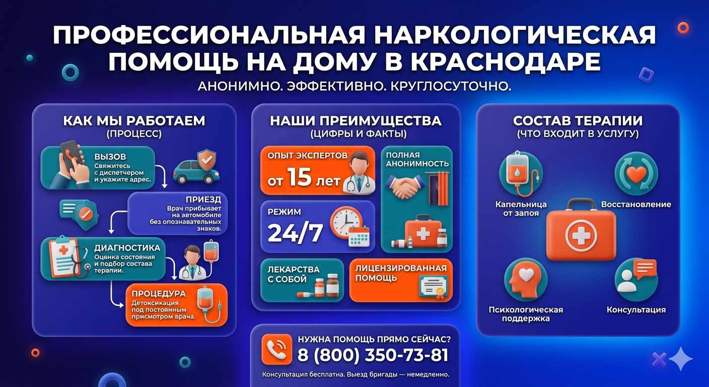 Инфографика о принципах лечения алкоголизма на дому в Юргамыше: этапы вызова нарколога, преимущества анонимной детоксикации и состав медицинской помощи.